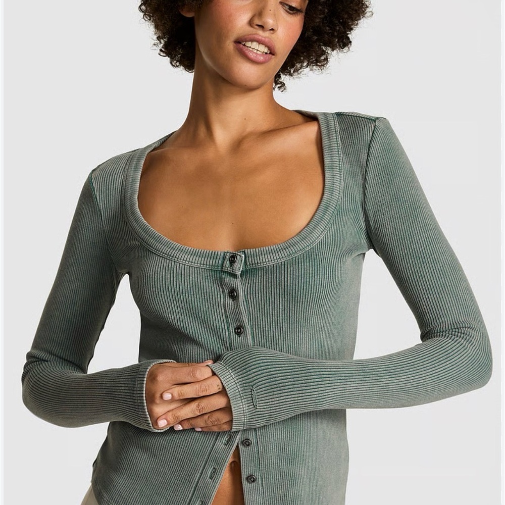 PINK Victoria's Secret Vintage Ribbed Button Down Top - Forest Green